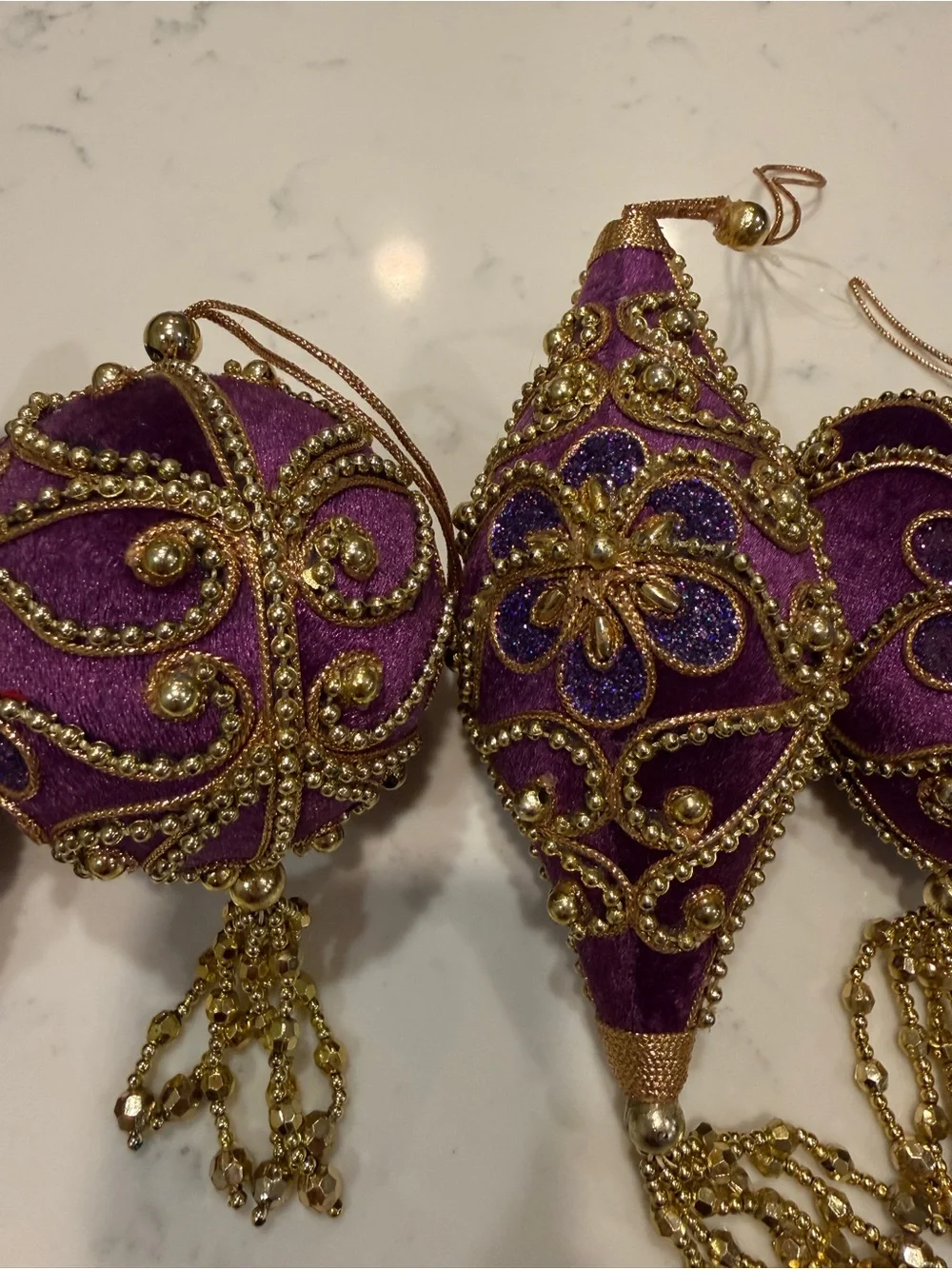 Jeweled Purple/Gold Velvet Beaded Christmas Ornaments Tassel Victorian Holiday
